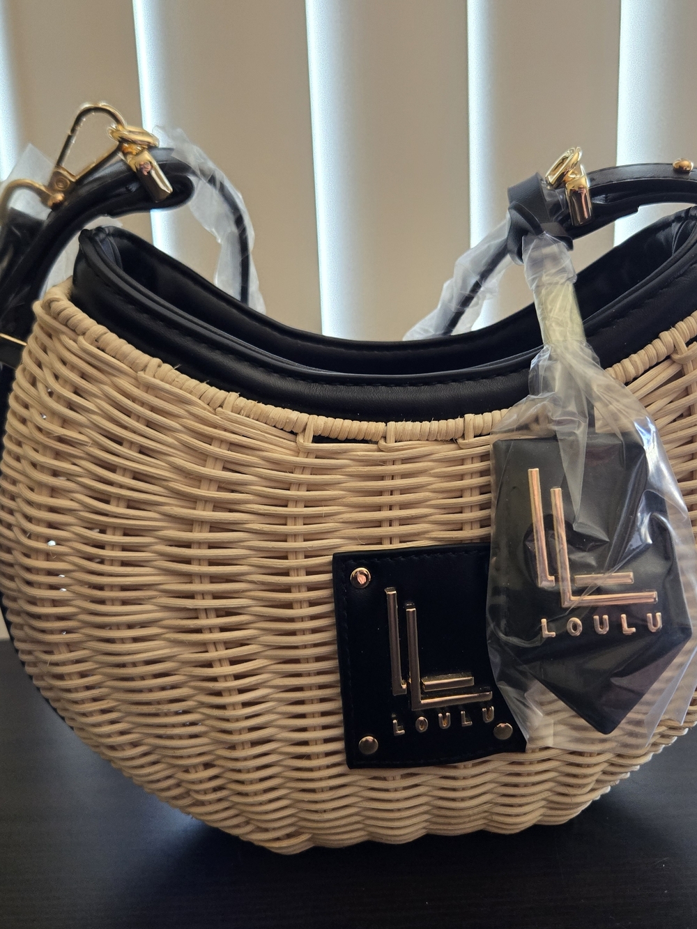 LOULU Cream Woven Shoulder Bag with Black Trim **NEW**